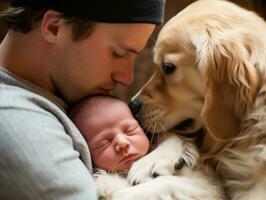 aimant chien fouineur une nouveau née bébé dans une lit de bébé ai génératif photo