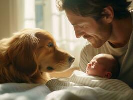 aimant chien fouineur une nouveau née bébé dans une lit de bébé ai génératif photo