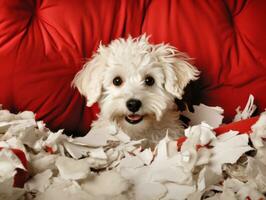 chien avec une malicieux expression entouré par déchiré oreillers ai génératif photo