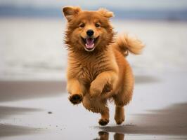 content chien en jouant sur le plage ai génératif photo