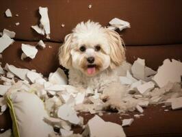 chien avec une malicieux expression entouré par déchiré oreillers ai génératif photo