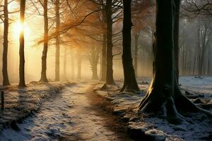 natures beauté brille par dans une hêtre arbre rempli hiver forêt ai généré photo