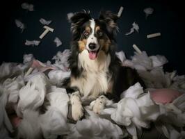 chien avec une malicieux expression entouré par déchiré oreillers ai génératif photo