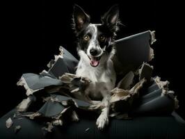 chien avec une malicieux expression entouré par déchiré oreillers ai génératif photo