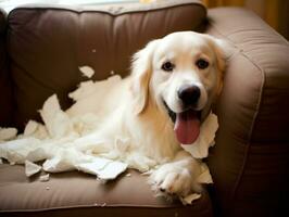 chien avec une malicieux expression entouré par déchiré oreillers ai génératif photo