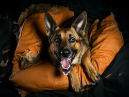 chien avec une malicieux expression entouré par déchiré oreillers ai génératif photo