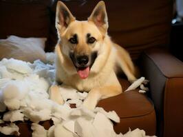 chien avec une malicieux expression entouré par déchiré oreillers ai génératif photo