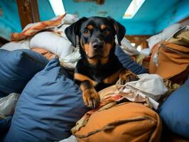 chien avec une malicieux expression entouré par déchiré oreillers ai génératif photo