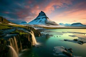 kirkjufell Montagne sous le nord lumières, une magique islandais panorama ai généré photo