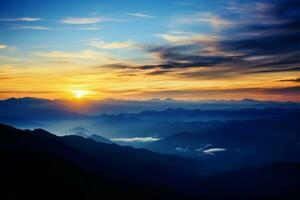 montagnes embrasé dans nuances de tranquille bleu pendant le le coucher du soleil ai généré photo