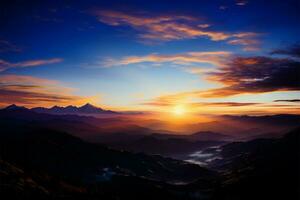 soirées la grâce le montagnes embrasse une calmant, Azur crépuscule bleu ai généré photo