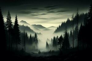une tranquille, monochromatique forêt silhouette, masqué dans un air de mystère ai généré photo