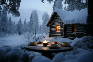 une neigeux scène compléments finlandais carélien tartes, attrayant confortable indulgence ai généré photo