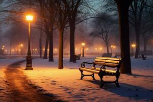 soir charme en bois banc, ville parc, hiver lumières, illustration beauté ai généré photo