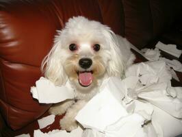 chien avec une malicieux expression entouré par déchiré oreillers ai génératif photo