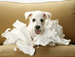 chien avec une malicieux expression entouré par déchiré oreillers ai génératif photo