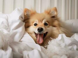 chien avec une malicieux expression entouré par déchiré oreillers ai génératif photo