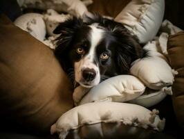 chien avec une malicieux expression entouré par déchiré oreillers ai génératif photo