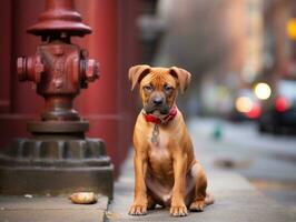 mignonne chiot séance par une Feu bouche d'incendie ai génératif photo