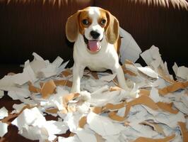 chien avec une malicieux expression entouré par déchiré oreillers ai génératif photo