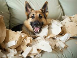 chien avec une malicieux expression entouré par déchiré oreillers ai génératif photo