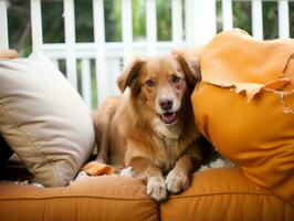 chien avec une malicieux expression entouré par déchiré oreillers ai génératif photo