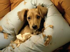 chien avec une malicieux expression entouré par déchiré oreillers ai génératif photo