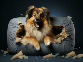 chien avec une malicieux expression entouré par déchiré oreillers ai génératif photo