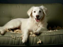 chien avec une malicieux expression entouré par déchiré oreillers ai génératif photo