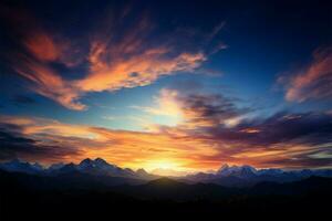 une montagneux horizon hôtes une brillant, ensoleillé et coloré ciel ai généré photo