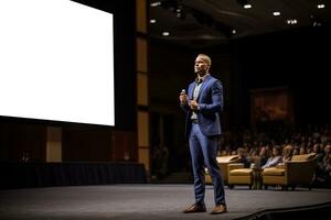 homme d'affaire parle à une conférence. de motivation orateur dans de face de une grand foule à une séminaire. génératif ai photo