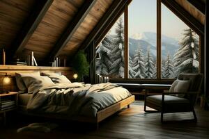 en bois chalet chambre à coucher, une confortable et attrayant hiver forêt battre en retraite ai généré photo