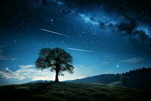 une flanc de coteau en dessous de le étoilé nuit ciel, solitaire arbre, et laiteux façon ai généré photo
