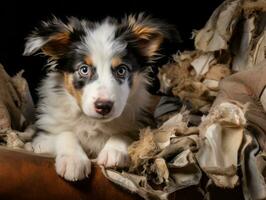 chien avec une malicieux expression entouré par déchiré oreillers ai génératif photo