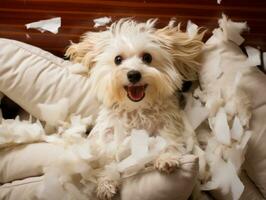 chien avec une malicieux expression entouré par déchiré oreillers ai génératif photo