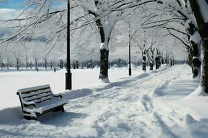 une rigide, douloureux hiver paysage, des arbres masqué dans neiges embrasse ai généré photo