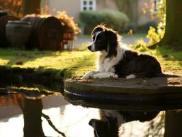 chien et ses réflexion dans une calme étang ai génératif photo