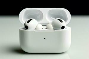 iconique airpods pro de Pomme inc, sur une nettoyer blanc toile de fond ai généré photo