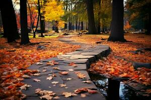 chutes beauté sur une parc piste, avec coloré érable feuilles ai généré photo