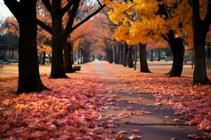 érable feuilles gracieusement couverture le parc chemin dans vibrant l'automne teintes ai généré photo