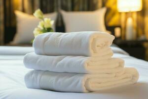 soigneusement plié blanc serviette sur une luxueux Hôtel recours lit ai généré photo
