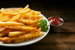 frit Patate des bâtons avec acidulé ketchup et crémeux acide crème ai généré photo