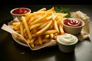 classique frites, jumelé avec acide crème et piquant ketchup ai généré photo