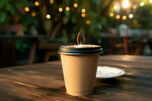 café tasse rempli avec chaleur, ensemble sur une en bois table ai généré photo