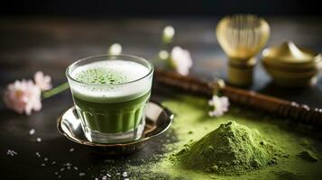 génératif ai, vert matcha thé poudre et boire, en sourdine neutre couleurs. traditionnel Japonais thé photo
