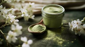 génératif ai, vert matcha thé poudre et boire, en sourdine neutre couleurs. traditionnel Japonais thé photo