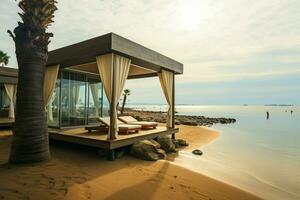 en bord de mer pavillon en dessous de nuageux ciels, une Voyage et vacances paradis ai généré photo