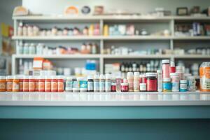 occupé pharmacie table avec soigneusement arrangé médicaments sur boutique étagères ai généré photo