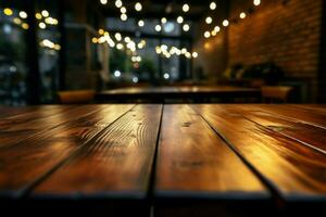 les cafés en bois table en haut fermer, bokeh Contexte ensembles le ambiance ai généré photo