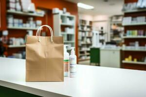 floue pharmacie toile de fond avec une papier sac sur le compteur ai généré photo